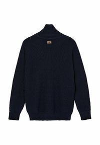 Navyblauer Strickpullover mit umgeschlagenem Kragen, langen Ärmeln und gerippten Bündchen. Verfügt über ein Textillabel auf der Rückseite. Texturiertes und warmes Design.