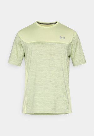 Tricou sport verde deschis confecționat din material respirabil, cu model texturat, mâneci scurte și decolteu contrastant cu detaliu de logo.