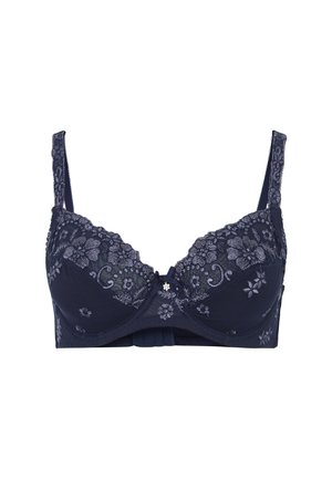 Navyblaues Unterbrust-BH mit floraler Spitze, verstellbaren Trägern und einer kleinen dekorativen Schleife in der Mitte der Schale.