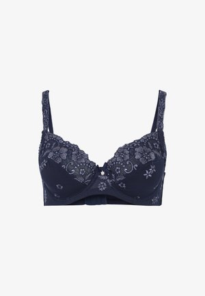 Navyblaues Unterbrust-BH mit floraler Spitze, verstellbaren Trägern und einer kleinen dekorativen Schleife in der Mitte der Schale.