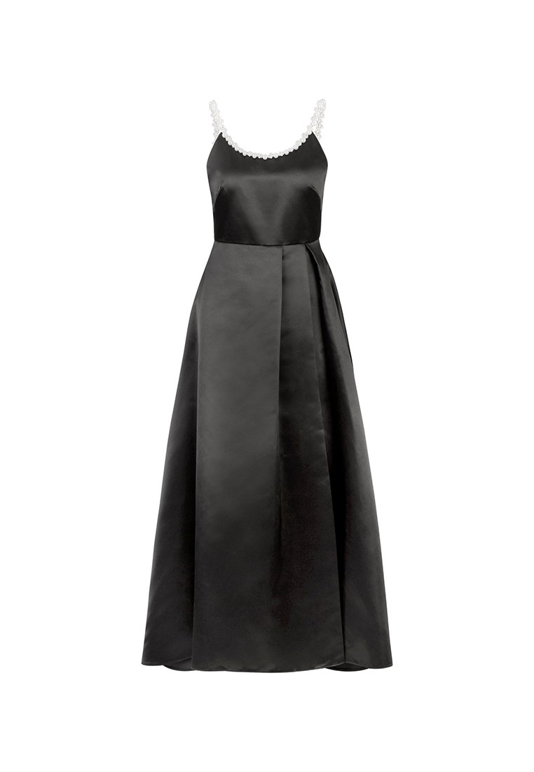 Schwarzes Satin-Abendkleid mit figurbetontem Oberteil, plissiertem Rock und verzierten Schulterträgern. Verfügt über ein elegantes, bodenlanges Design.