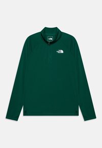Pullover verde a maniche lunghe con colletto a zip, realizzato in un tessuto morbido. Presenta un logo sul petto e spacchi laterali all'orlo.