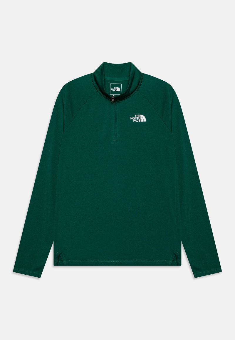 Zelený svetr s dlouhým rukávem a zipovým límcem, vyrobený z hladkého materiálu. Obsahuje logo na hrudi a boční rozparky na lemu.
