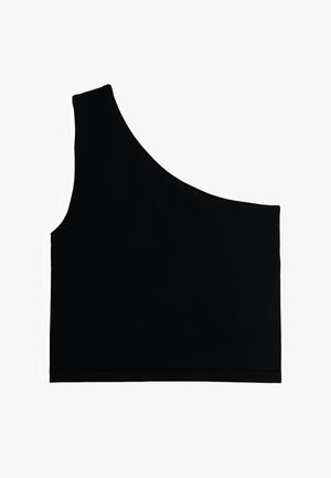 Zwart asymmetrisch cropped topje met één brede schouderband en één blote schouder, eenvoudig ontwerp op witte achtergrond.