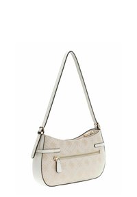 Sac à main beige à silhouette courbée avec une poche zippée dorée. Fabriqué en matériau texturé avec un motif subtil et une bordure noire contrastante.