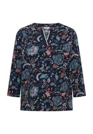 Laivastonsininen pusero, jossa on 3/4-hihat, sinisen, pinkin ja vihreän värinen kukkakuosi sekä V-muotoinen pääntie valkoisella reunuksella.