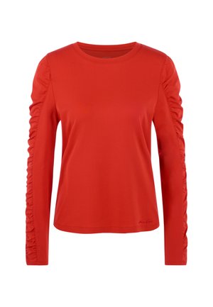 Red long-sleeve shirt with gathered detail on the arms, made from a smooth fabric, featuring a round neckline and a fitted silhouette.