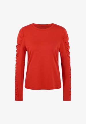 Red long-sleeve shirt with gathered detail on the arms, made from a smooth fabric, featuring a round neckline and a fitted silhouette.