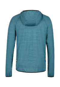 Türkise leichte Jacke mit Kapuze, langen Ärmeln, strukturiertem Stoff, schwarzem Saum und seitlicher Reißverschlusstasche.