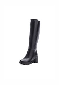 Bota de cuero negra hasta la rodilla con tacón cuadrado, textura suave, punta redondeada y suela plana con patrón de tracción. Diseño minimalista.