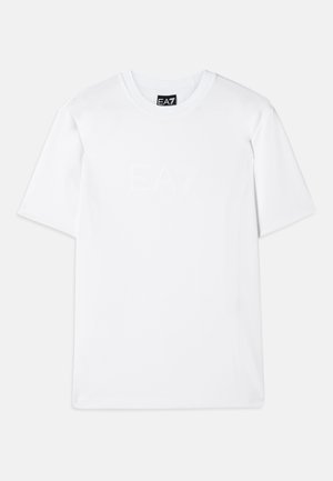 Witte korte mouwen t-shirt van katoen, met een reliëf EA7-logo aan de voorkant, ronde halslijn en een relaxte pasvorm.