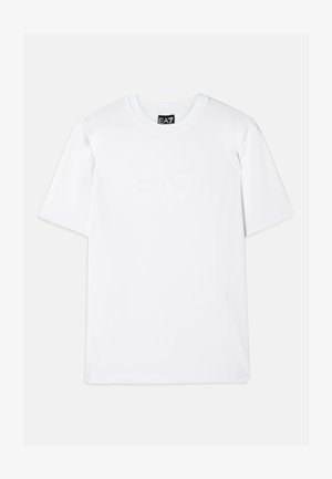 Witte korte mouwen t-shirt van katoen, met een reliëf EA7-logo aan de voorkant, ronde halslijn en een relaxte pasvorm.