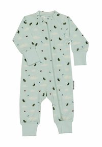 Ljusblå bomullsbyxdress med dragkedja fram, prydd med mönster av bin, fjärilar och moln. Muddar vid ärmar och anklar.