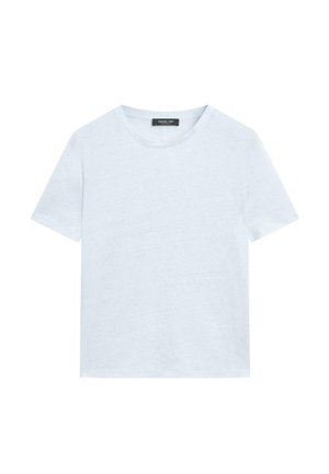 Prosty biały bawełniany t-shirt z krótkim rękawem, okrągłym dekoltem i czarną metką wewnątrz kołnierza z napisem "Massimo Dutti".
