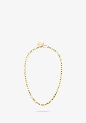 Collier en chaîne en or caractérisé par des maillons entrelacés, une surface lisse et un fermoir à mousqueton avec un détail en forme de tag circulaire.