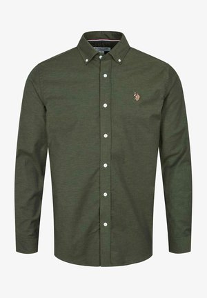 Donkergroen overhemd met lange mouwen en knopen, met button-down kraag en klein geborduurd logo op de linkerborst.