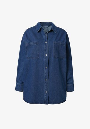 Chemise en denim bleu foncé avec un col, deux poches poitrine, une fermeture à boutons sur le devant, et des manches longues avec poignets. Texture lisse.