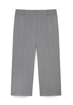 Pantaloni gri cropped cu picioare largi, pliuri frontale, bucle pentru curea și închidere cu dublu nasture în talie.