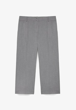 Graue, kurze, weit geschnittene Hose mit vorderen Falten, Gürtelschlaufen und doppelter Knopfverschluss am Bund.