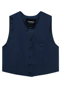 Granatowa kamizelka z dekoltem w serek, sześcioma czarnymi guzikami i małą kieszonką. Wykonana z gładkiego materiału o solidnej teksturze i wyraźnych liniach.