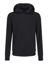 Felpa nera con cappuccio realizzata in materiale morbido, dotata di tasca frontale, polsini a coste e cappuccio con lacci. Design semplice e classico.