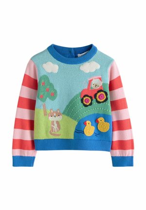 Children's sweater with striped pink and red sleeves, featuring a farm scene with a cat, tractor, green hills, pond, ducks, and clouds.