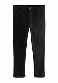 Zwarte broek van zacht materiaal, met een knoopsluiting, twee voorzakken en een recht gesneden ontwerp met stiksels.