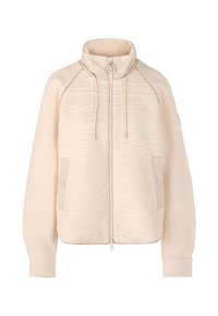 Light beige jacket with a textured pattern, high collar, zip closure, and side pockets. Features ribbed cuffs and a relaxed fit design.