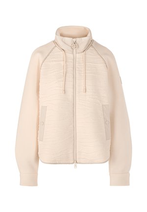 Light beige jacket with a textured pattern, high collar, zip closure, and side pockets. Features ribbed cuffs and a relaxed fit design.