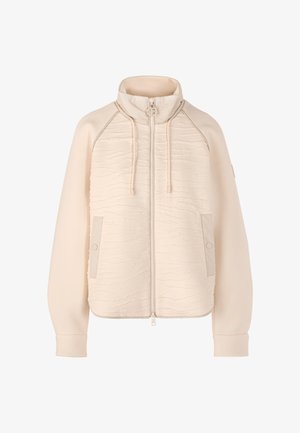 Hellbeige Jacke mit strukturiertem Muster, hohem Kragen, Reißverschluss und Seitentaschen. Verfügt über gerippte Bündchen und ein locker geschnittenes Design.