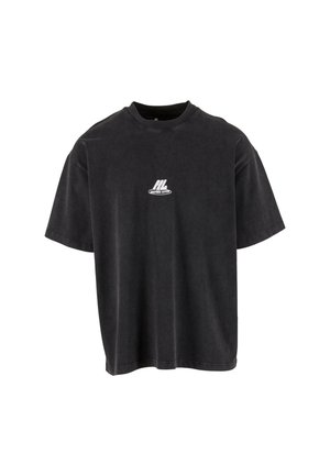 T-shirt oversized in cotone nero con collo rotondo. Presenta un piccolo logo bianco sul petto e maniche corte. Texture morbida, design casual.