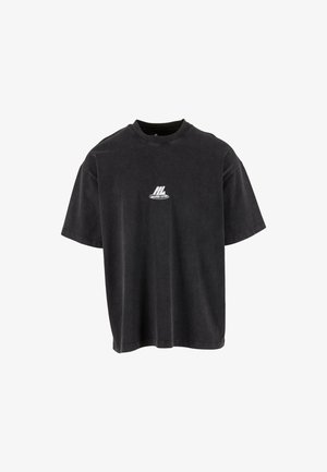 T-shirt oversized in cotone nero con collo rotondo. Presenta un piccolo logo bianco sul petto e maniche corte. Texture morbida, design casual.