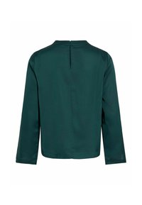 Dunkelgrüne Bluse mit langen Ärmeln, Rundhals und einem Schlüsselloch-Ausschnitt hinten. Glatte Textur und minimalistisches Design, keine sichtbaren Knöpfe oder Akzente.