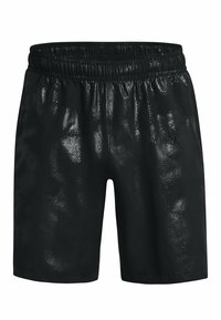 Zwarte glanzende shorts met een elastische tailleband, voorzien van een gladde textuur en een losse pasvorm. Het ontwerp is minimalistisch zonder zichtbare patronen.