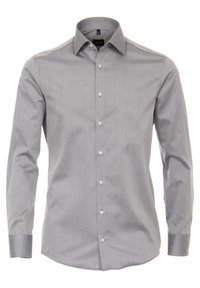 Grijze langemouwige overhemd met knopen en een button-down kraag, gemaakt van een soepele stof. Heeft een subtiele weving en witte knopen aan de voorkant.