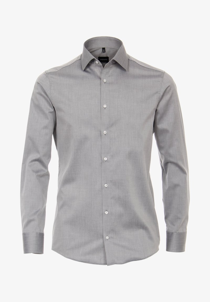 Grijze langemouwige overhemd met knopen en een button-down kraag, gemaakt van een soepele stof. Heeft een subtiele weving en witte knopen aan de voorkant.