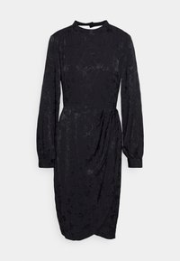 Black long-sleeve dress in textured fabric, featuring a high neck, gathered waist, and a knee-length wrap design with subtle floral patterns.