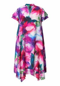 Vzdušné šaty ke kolenům s krátkými volánovými rukávy, výstřihem do V, asymetrickým lemem a živým akvarelovým květinovým vzorem v růžové, fialové, modré a zelené barvě.