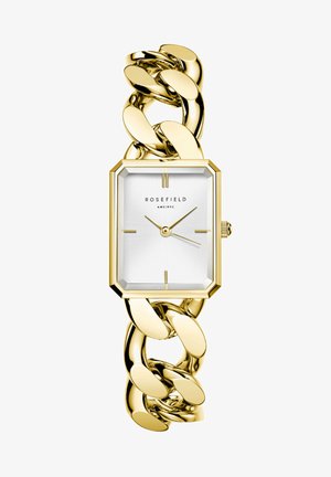 Goldfarbene Uhr mit einem achteckigen Ziffernblatt, weißem Ziffernblatt und großem, ineinandergreifendem Kettenarmband. Verfügt über schlanke Stundenmarker und einen zentralen Sekundenzeiger.