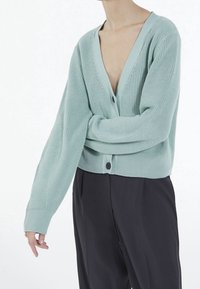 Ljusgrön stickad kofta med djup V-ringning, lång ärm och två knappar framtill. Matchas med mörka byxor.