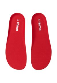 Röda innersulor med en slät yta, med den vita texten "reima" och storlek "33" tryckt på ytan. Lätt och flexibel design.