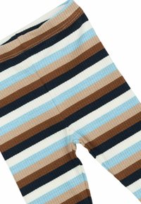 Ribbade leggings med horisontella ränder i nyanser av brunt, blått och beige, med en mjuk midjeresår och en texturerad yta.