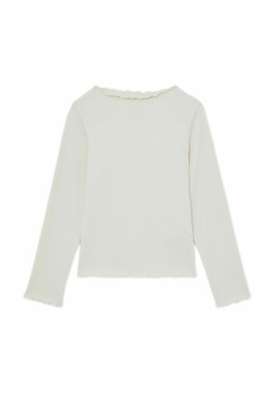 Witte geribbelde lange mouwen top met een geschulpte halslijn en een onafgewerkte zoom. Simpel ontwerp met een aansluitende pasvorm en gestructureerde stof.