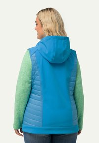 Gilet imbottito blu con cappuccio, caratterizzato da un maglione verde texturizzato sotto. La vista posteriore mostra pannelli laterali trapuntati e tessuto liscio.