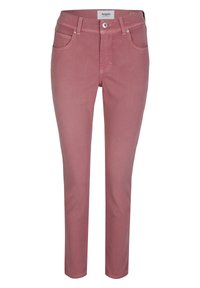 Růžové džíny se slim fit střihem, které mají pět kapes, přední zapínání na knoflík a jemné prošití na švech.