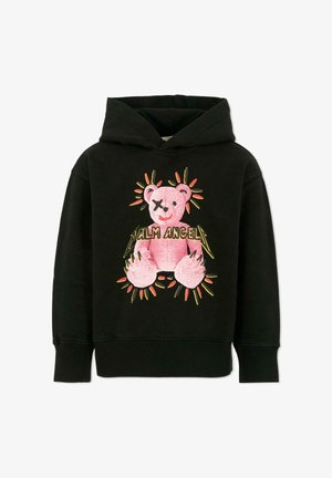 Felpa nera con grafica di un orsetto rosa con una benda sull'occhio, circondato da dettagli colorati, realizzata in un materiale morbido e con una vestibilità comoda.