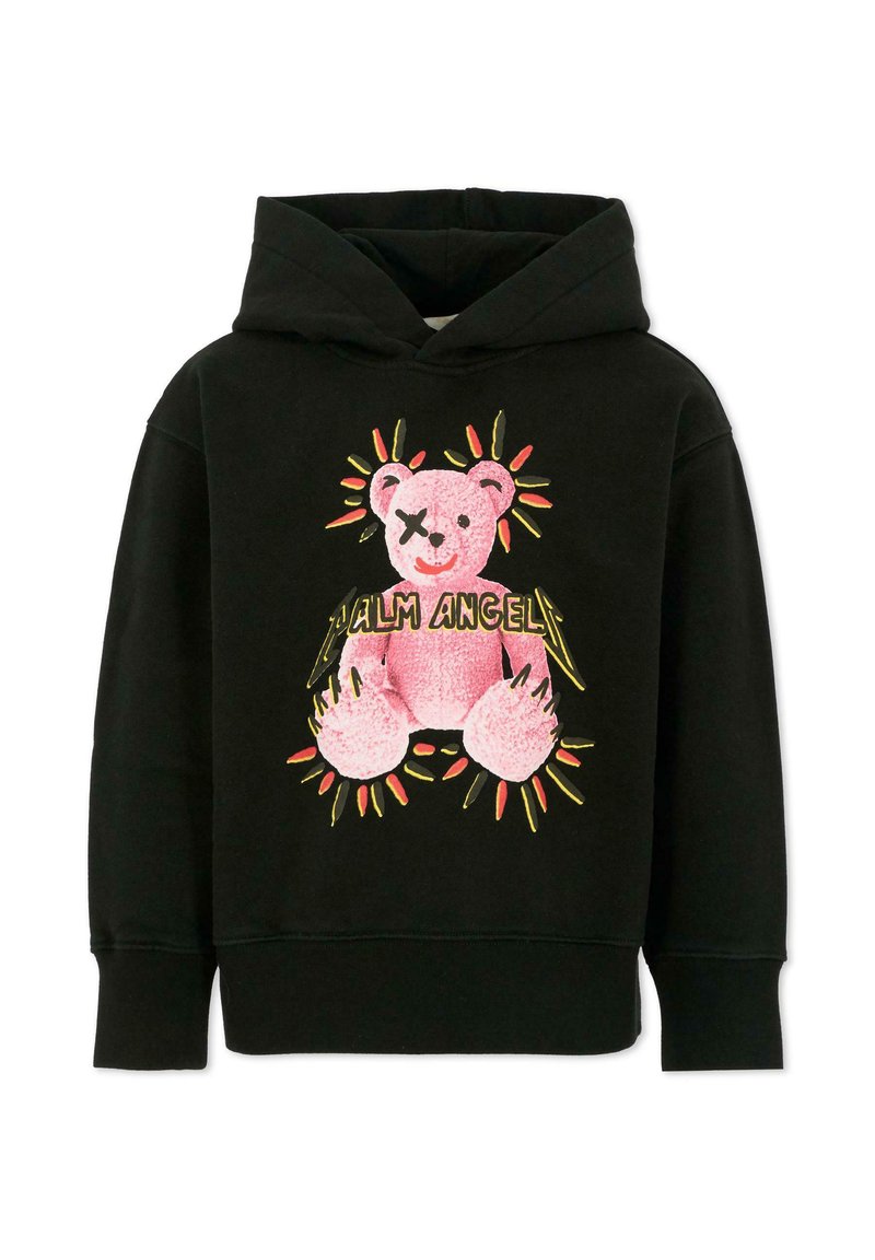 Felpa nera con grafica di un orsetto rosa con una benda sull'occhio, circondato da dettagli colorati, realizzata in un materiale morbido e con una vestibilità comoda.