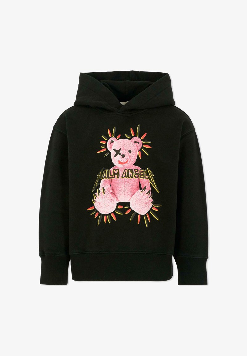 Felpa nera con grafica di un orsetto rosa con una benda sull'occhio, circondato da dettagli colorati, realizzata in un materiale morbido e con una vestibilità comoda.