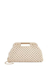 Woven cream handbag with gold hardware, featuring a structured shape and prominent handle design. Chain strap included.