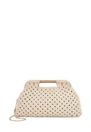 Woven cream handbag with gold hardware, featuring a structured shape and prominent handle design. Chain strap included.